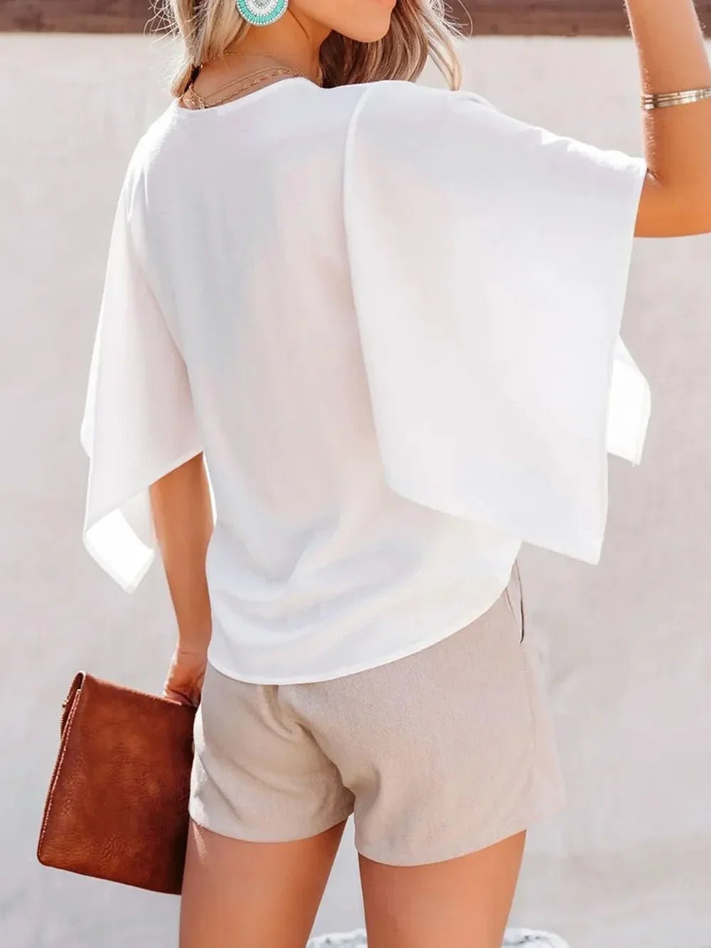 Loose-Fitting Blouse - Women's V-Neck Short-Sleeve Boho Style - minbolu -