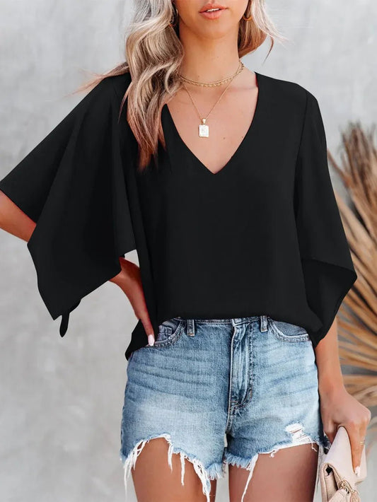 Loose-Fitting Blouse - Women's V-Neck Short-Sleeve Boho Style - minbolu -