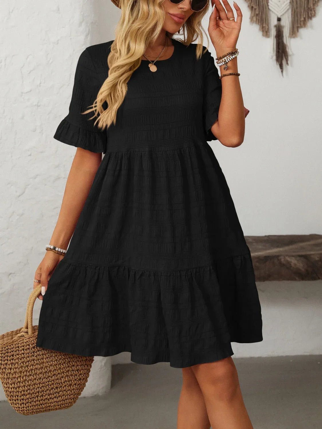 Mandy Ruched Half Sleeve Boho Dress - minbolu -