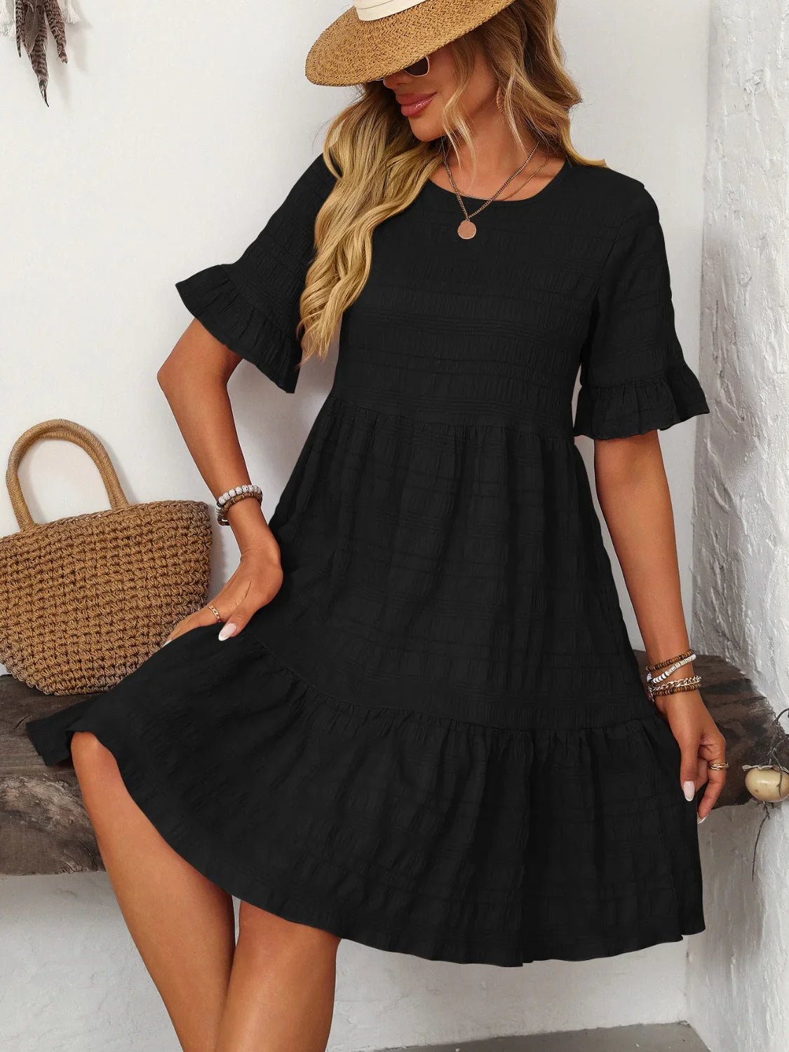 Mandy Ruched Half Sleeve Boho Dress - minbolu -
