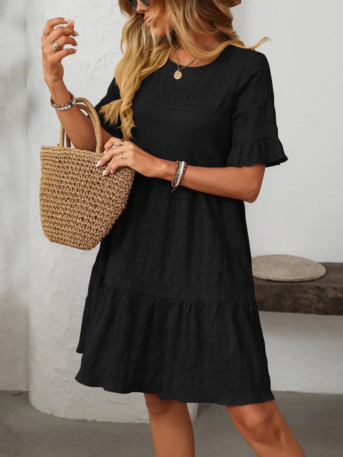 Mandy Ruched Half Sleeve Boho Dress - minbolu -
