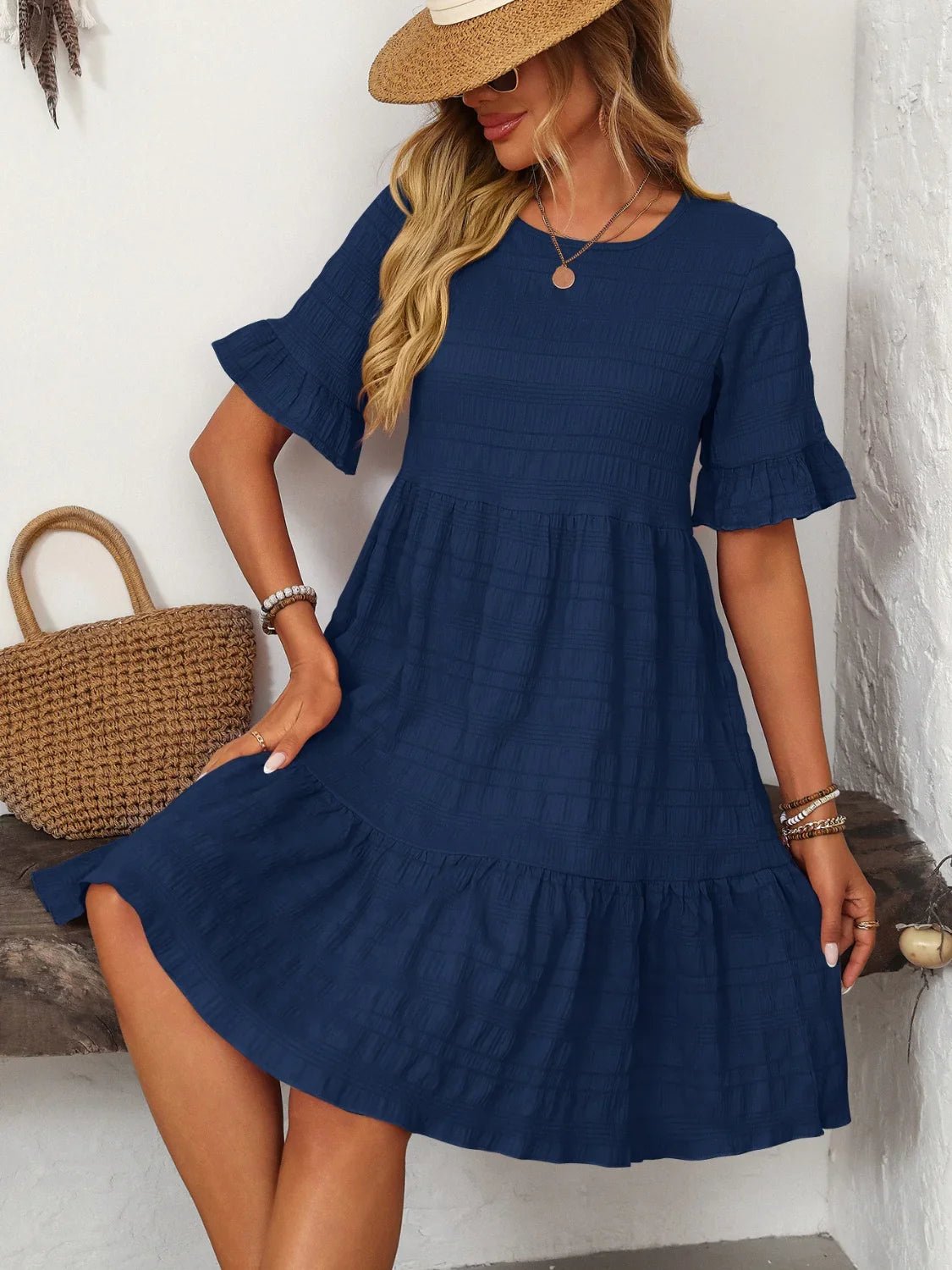 Mandy Ruched Half Sleeve Boho Dress - minbolu -