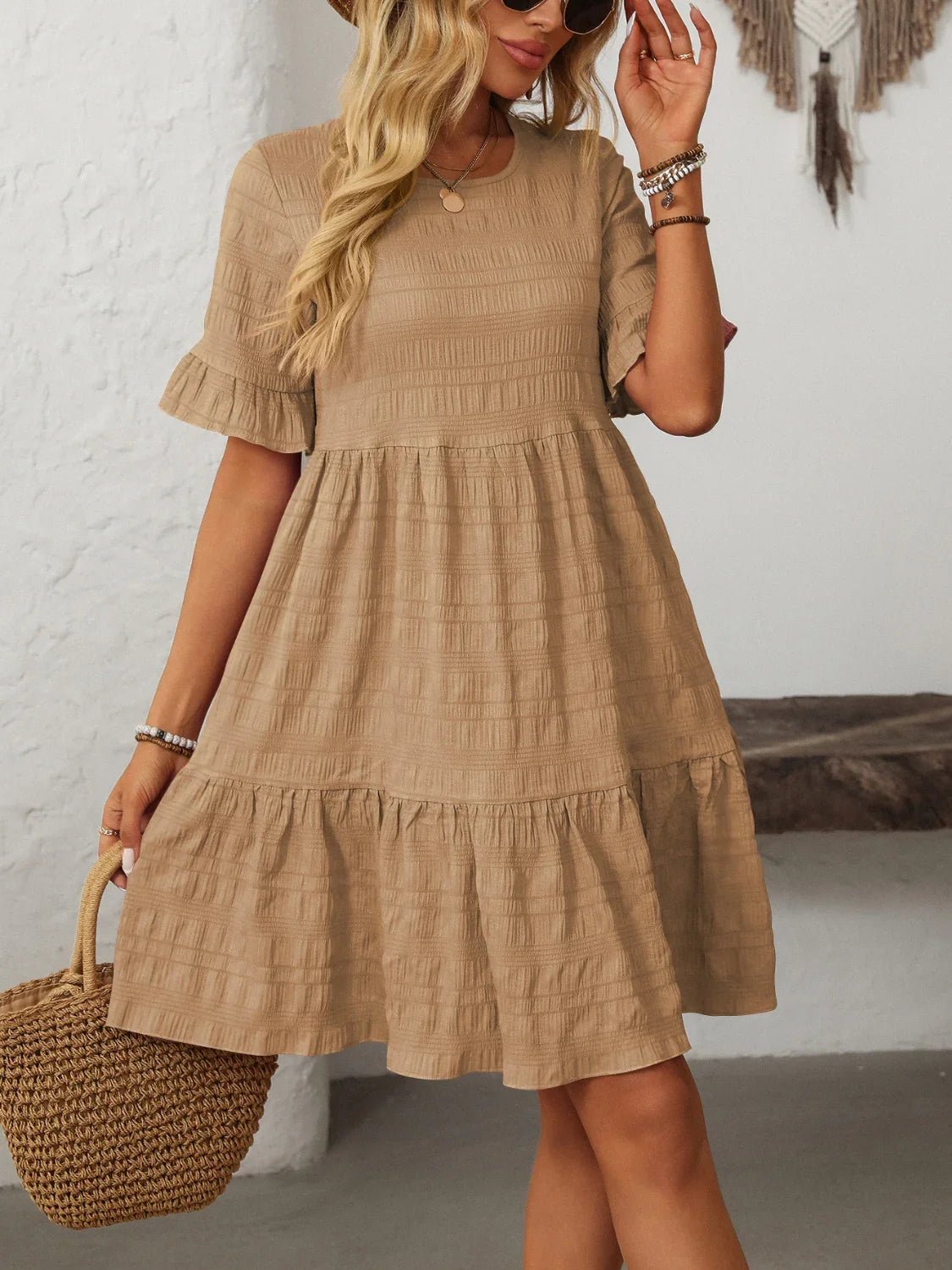 Mandy Ruched Half Sleeve Boho Dress - minbolu -