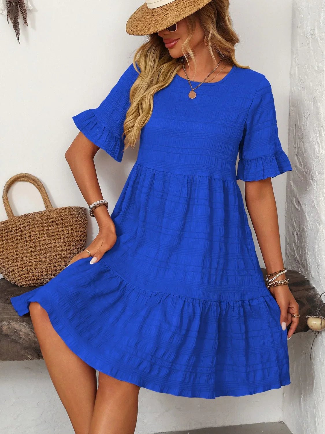 Mandy Ruched Half Sleeve Boho Dress - minbolu -