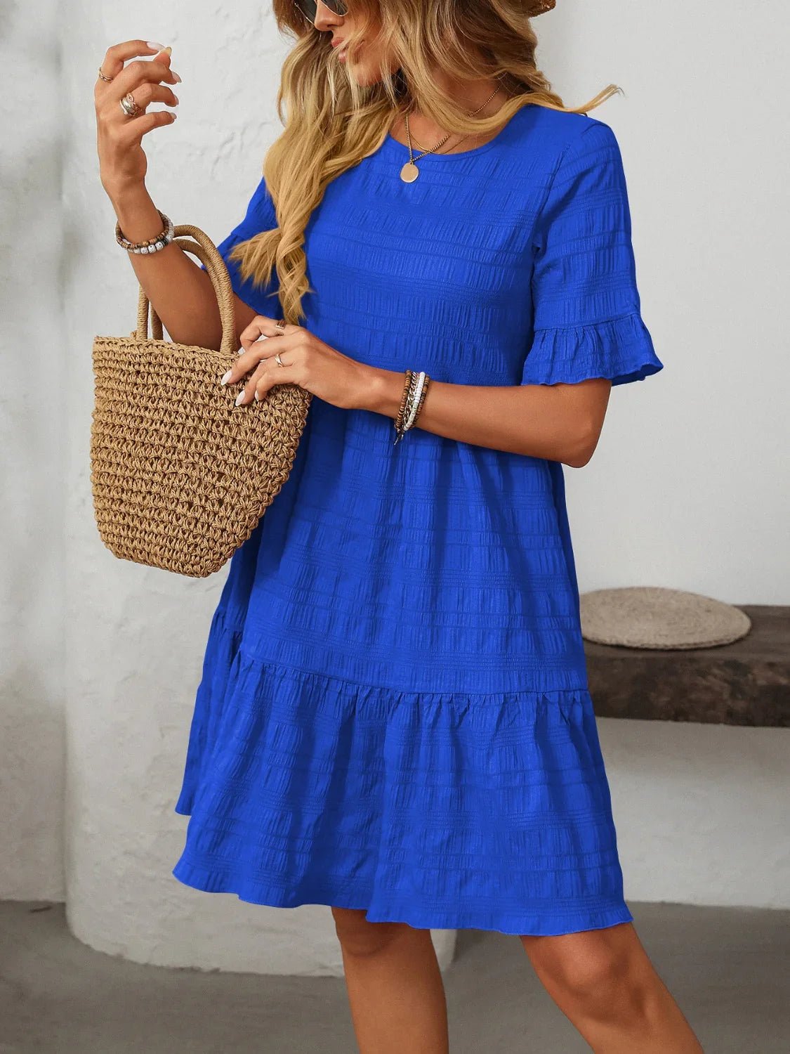 Mandy Ruched Half Sleeve Boho Dress - minbolu -