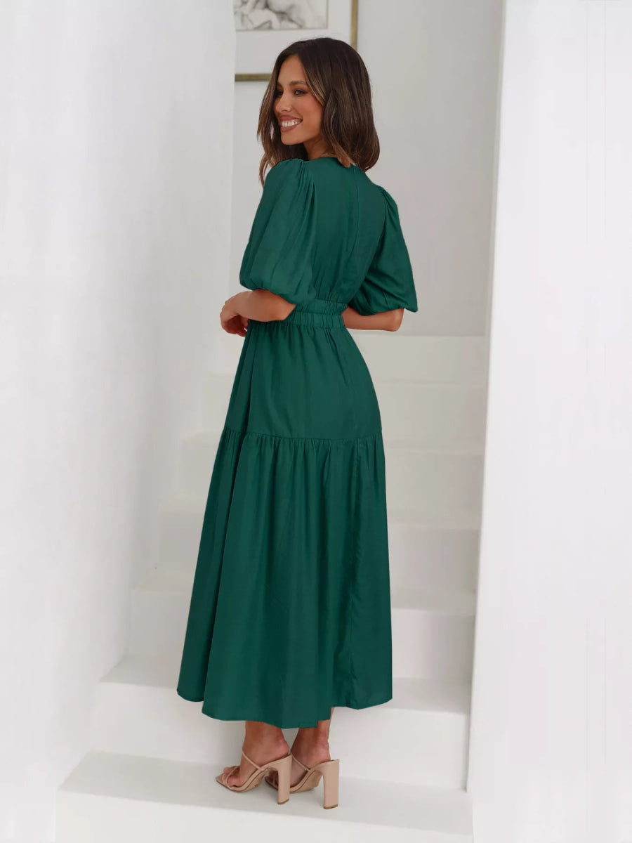 Merry Mill Tiered Puff Sleeve Midi Dress - Boho V-Neck Dress - minbolu -