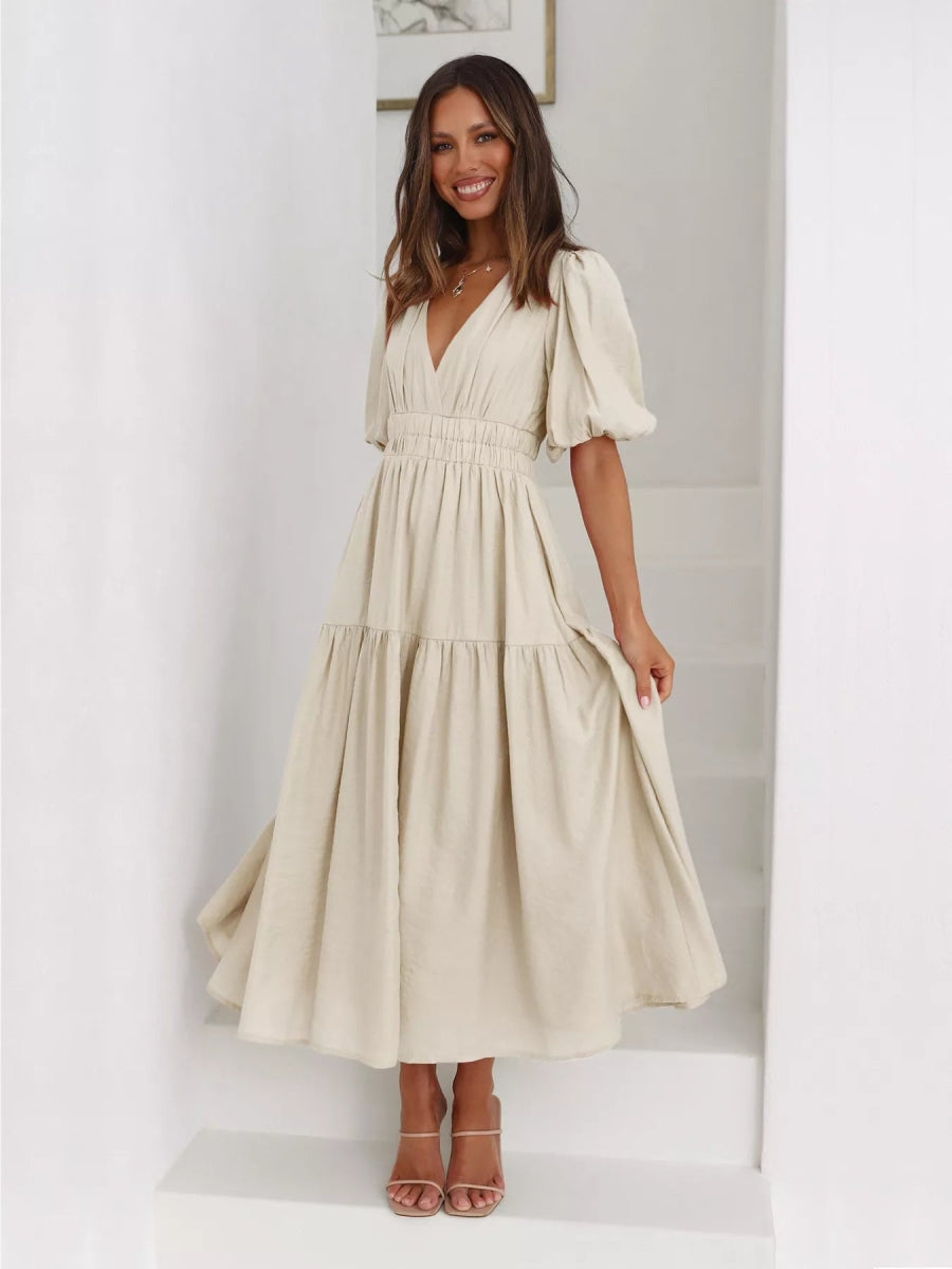 Merry Mill Tiered Puff Sleeve Midi Dress - Boho V-Neck Dress - minbolu -