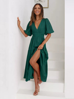 Merry Mill Tiered Puff Sleeve Midi Dress - Boho V-Neck Dress - minbolu -