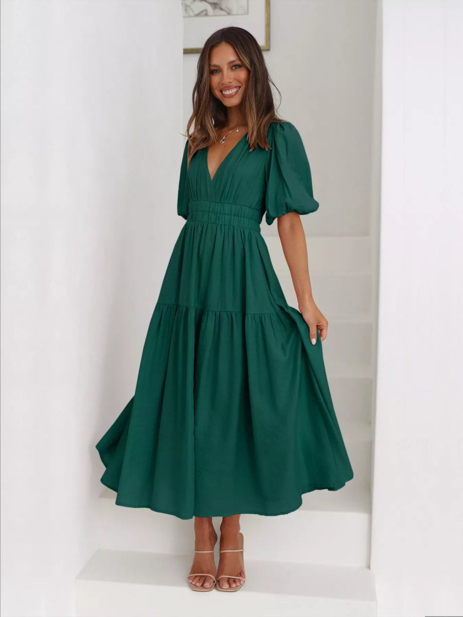 Merry Mill Tiered Puff Sleeve Midi Dress - Boho V-Neck Dress - minbolu -