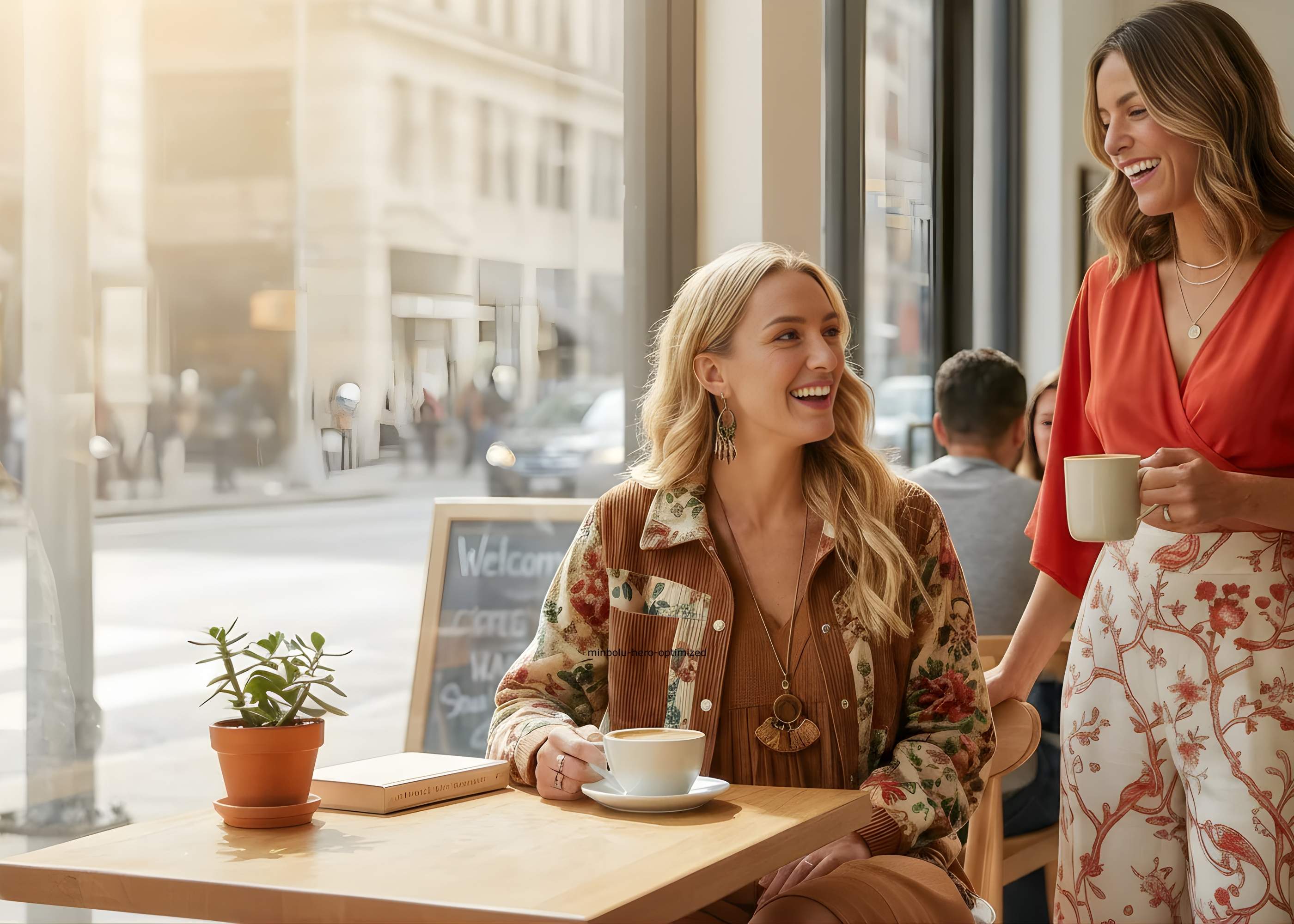 Two women sitting at a cafe table with coffee, smiling and engaged in conversation.