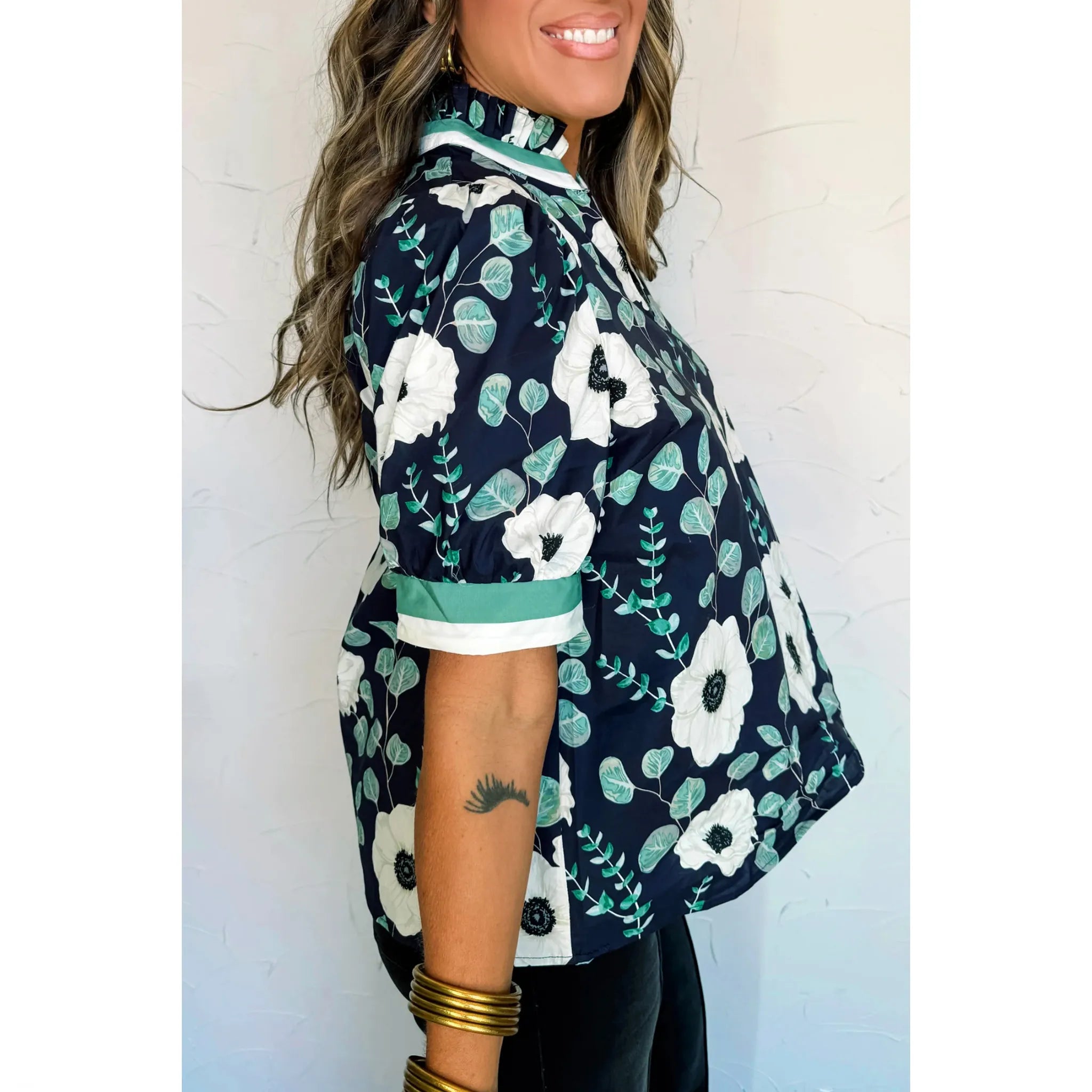 Blue Floral Print Striped Patchwork V Neck Short Sleeve Blouse