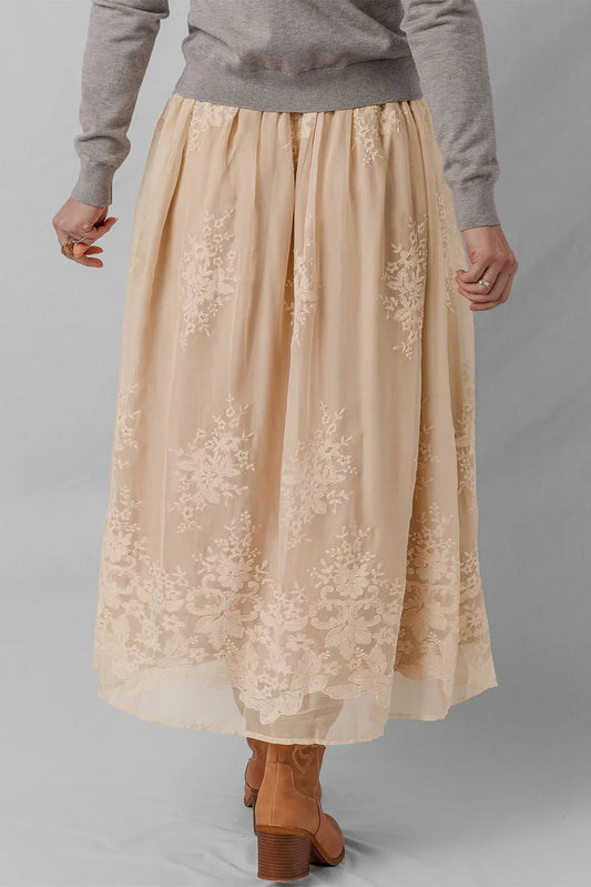 Oatmeal Embroidered Mesh Overlay Flowy Long Skirt - minbolu -