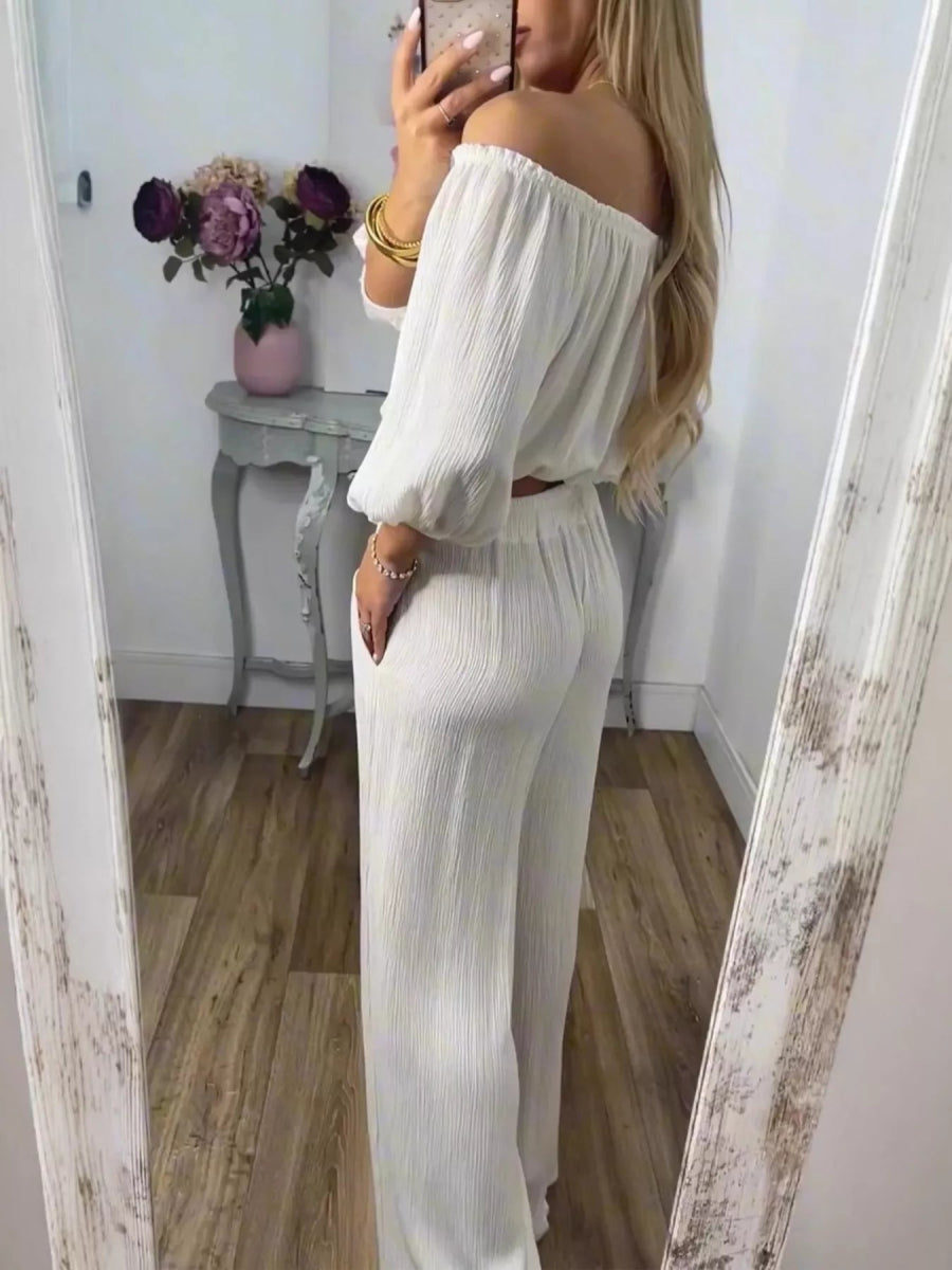 Off-Shoulder Top and Pants Set - Boho Two-Piece Outfit Plus Size - minbolu -