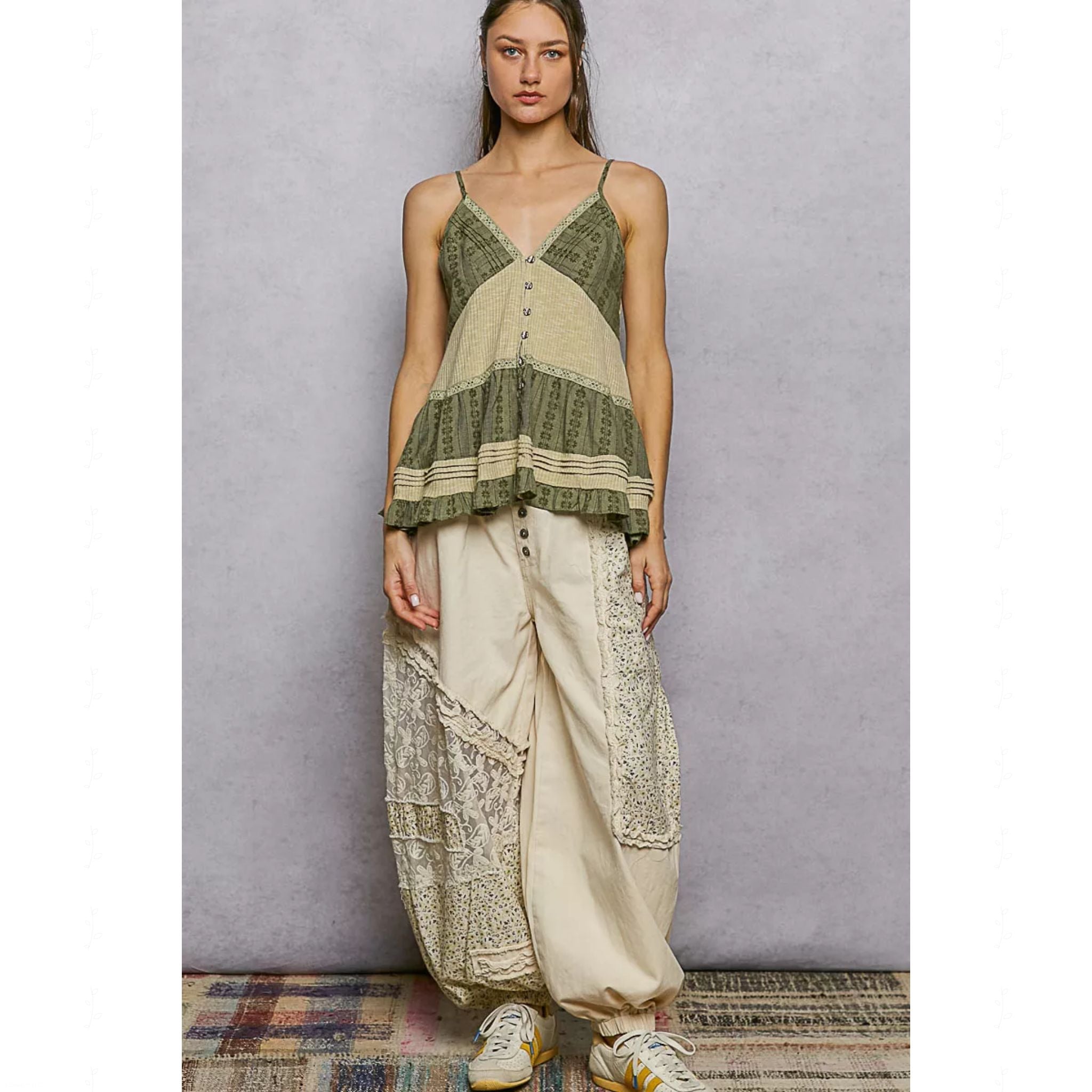 POL Button Front V-Neck Ruffled Cami with Pintuck Accents