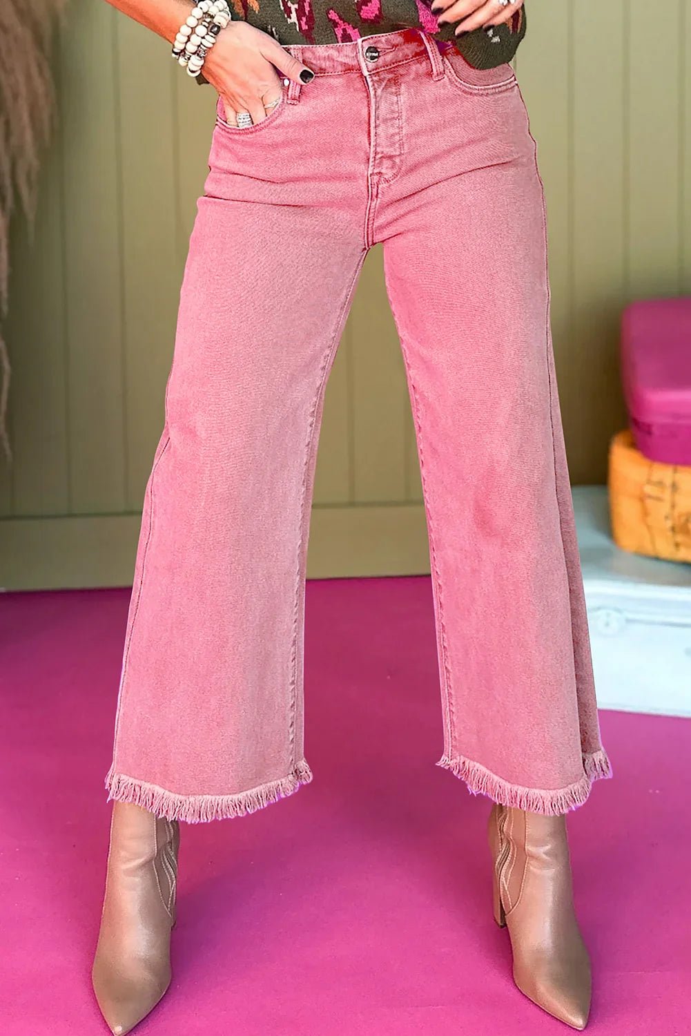 Peach Blossom Acid Wash Cropped Wide-Leg Jeans - minbolu -