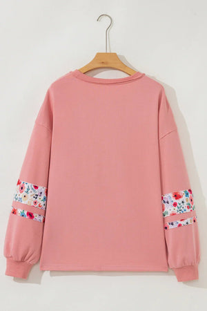 Peach Blossom Flower Applique Patchwork Drop Sleeve Pullover Sweatshirt - minbolu -