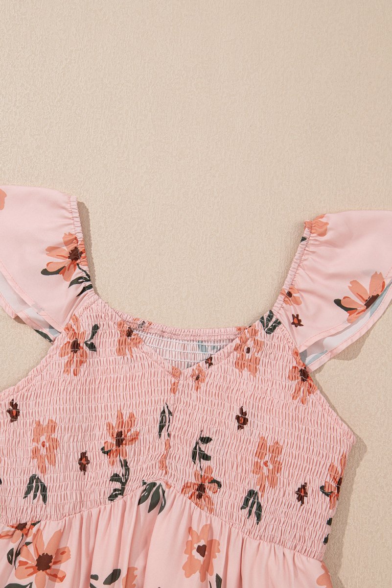 Pink Floral Maxi Dress - V Neck Smocked Boho Dress with Ruffle Hem - Maxi Dresses - minbolu