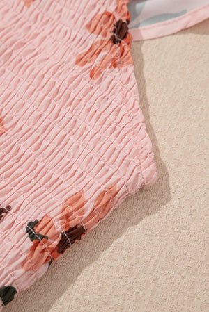 Pink Floral Maxi Dress - V Neck Smocked Boho Dress with Ruffle Hem - Maxi Dresses - minbolu