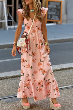 Pink Floral Maxi Dress - V Neck Smocked Boho Dress with Ruffle Hem - Maxi Dresses - minbolu