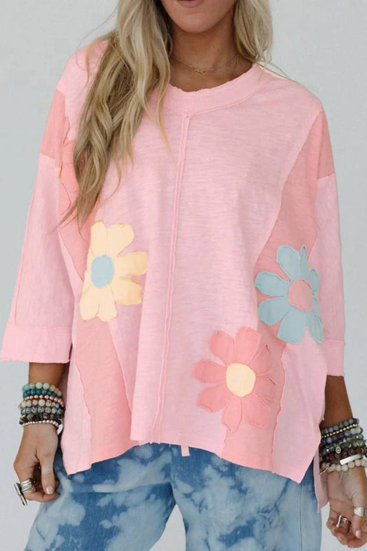 Pink Flower Patched Exposed Seam Top – Feminine and Modern - minbolu -