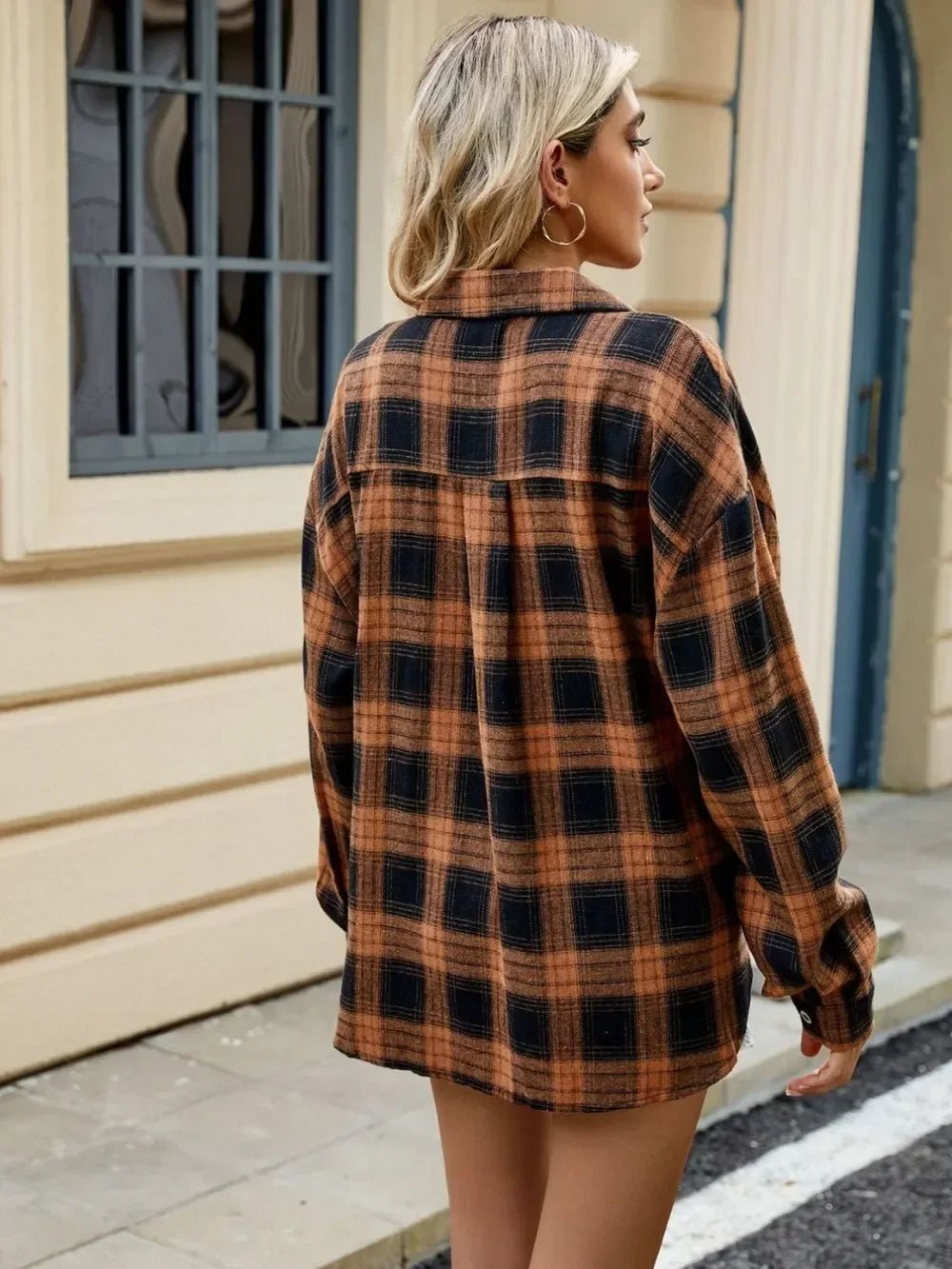 Plaid Collared Neck Long Sleeve Shirt: Brown - minbolu -