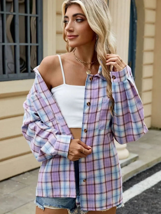 Plaid Collared Neck Long Sleeve Shirt: Lavender - minbolu -