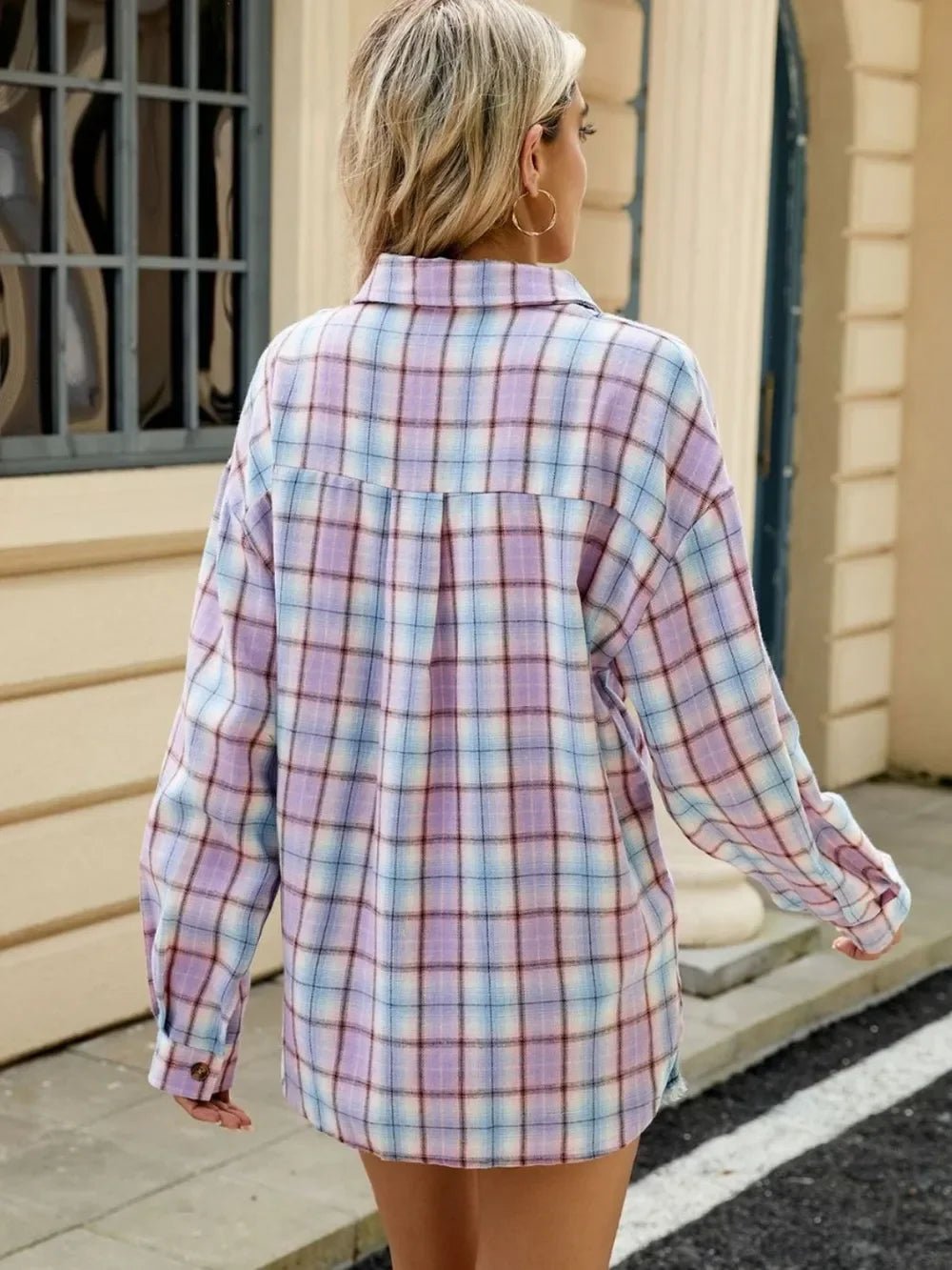 Plaid Collared Neck Long Sleeve Shirt: Lavender - minbolu -
