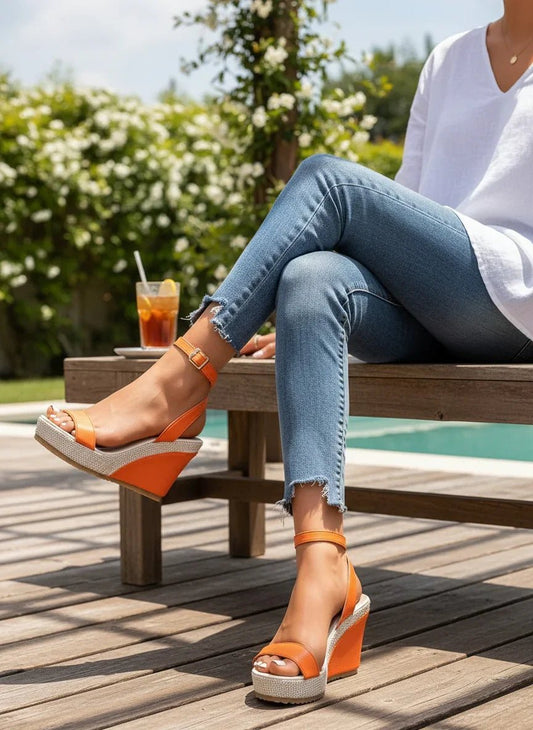 Platform Wedge Sandals with Ankle Strap - Comfortable High Heel - minbolu -
