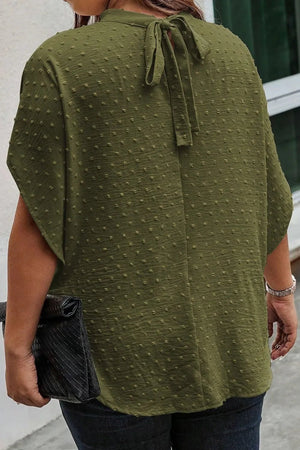 Plus Size Swiss Dot Tied Mock Neck Blouse - minbolu -