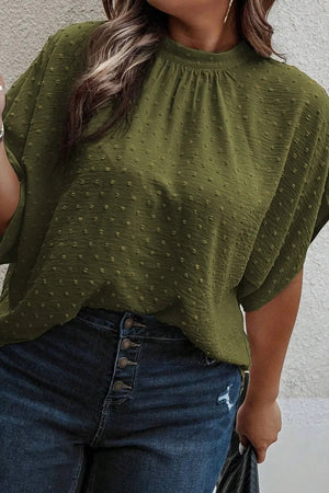 Plus Size Swiss Dot Tied Mock Neck Blouse - minbolu -
