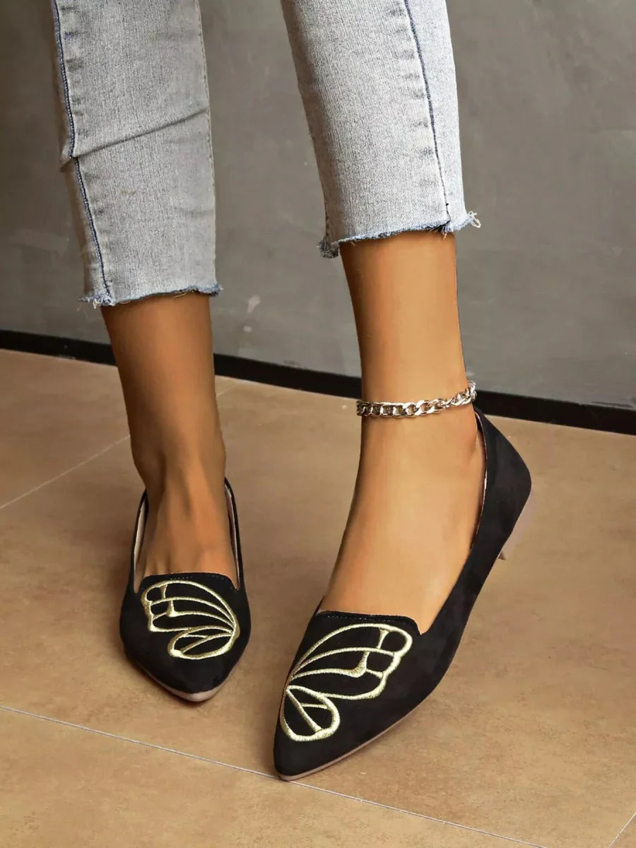 Butterfly Embroidered Point Toe Slip On Flats - Bohemian Black - minbolu -