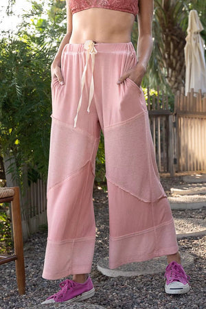 POL Wide Leg Drawstring Pants - Ribbed Boho Culottes with Pockets - minbolu -