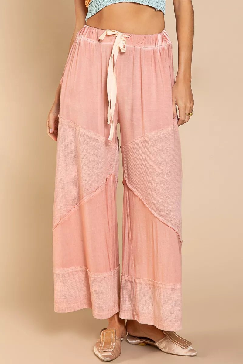 POL Wide Leg Drawstring Pants - Ribbed Boho Culottes with Pockets - minbolu -