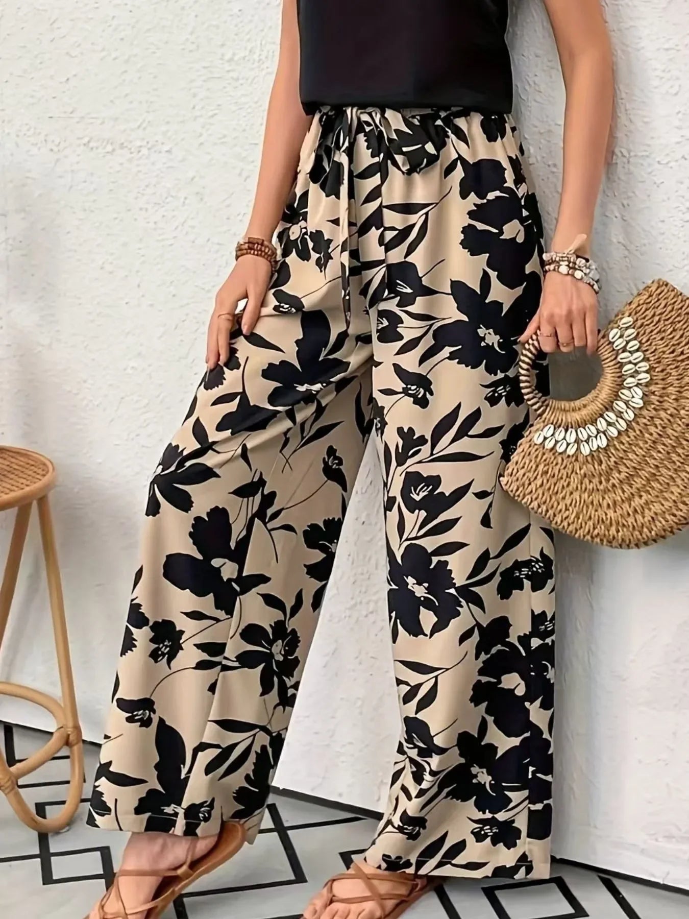 Printed Wide Leg Casual Pants - minbolu -
