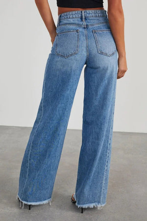 Raw Hem Wide Leg Jeans with Pockets - minbolu -