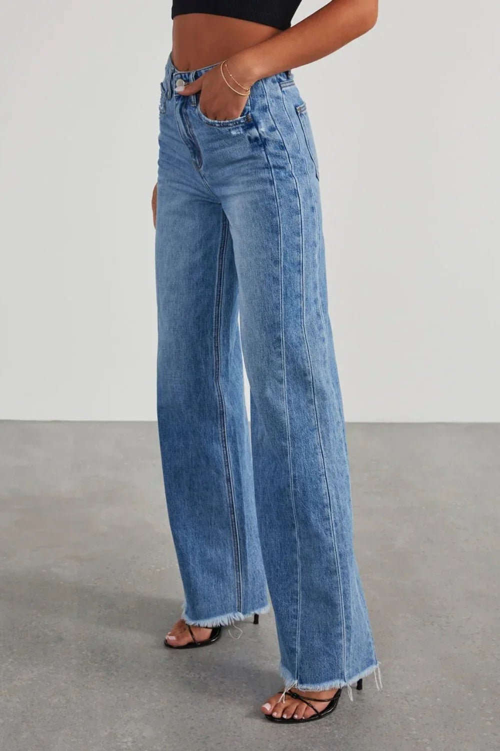 Raw Hem Wide Leg Jeans with Pockets - minbolu -