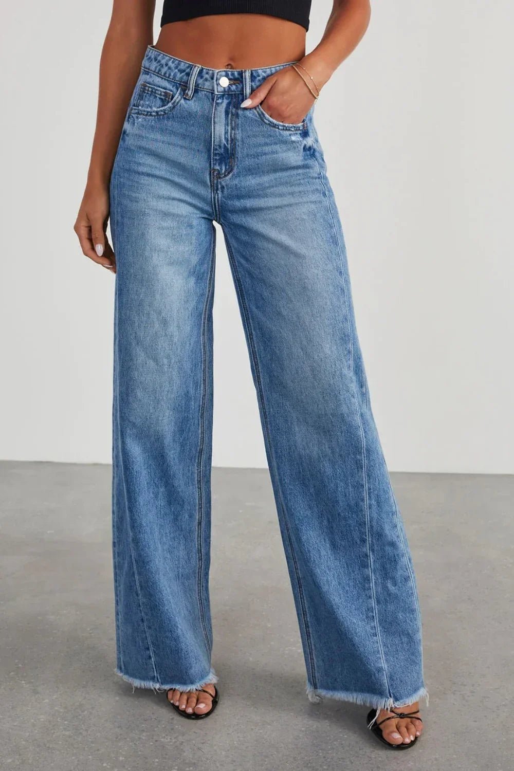 Raw Hem Wide Leg Jeans with Pockets - minbolu -