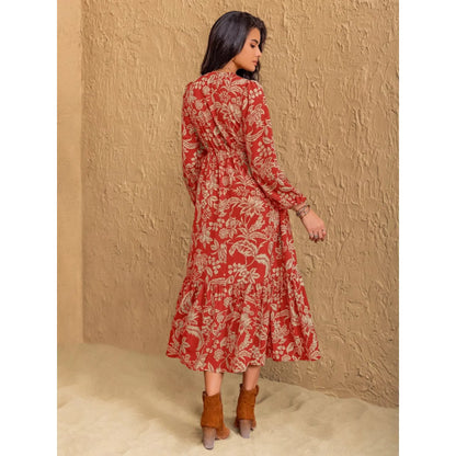 Boho Floral Print Long Sleeve Midi Dress - Ruched Waist Flowy A-Line Dress