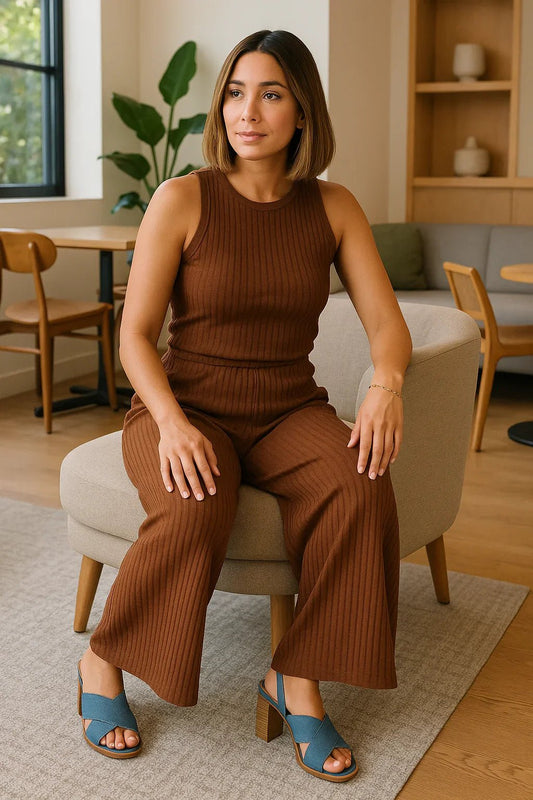 Ribbed Tank Top & Wide Leg Pants Set - Comfortable Two-Piece Outfit - minbolu -