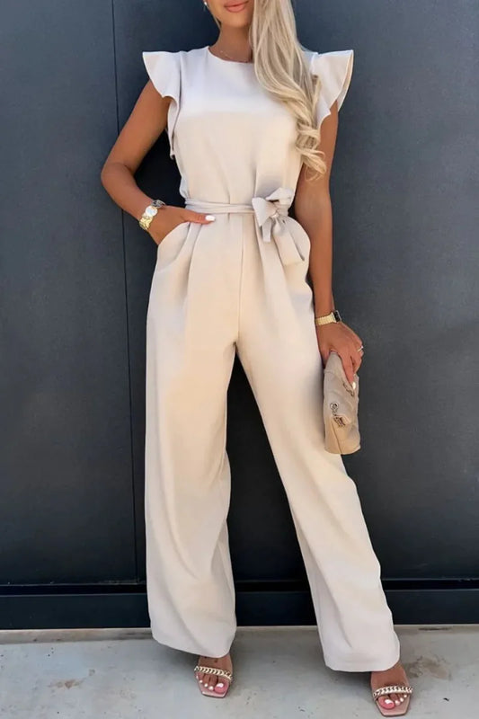 Round Neck Cap Sleeve Jumpsuit - minbolu -