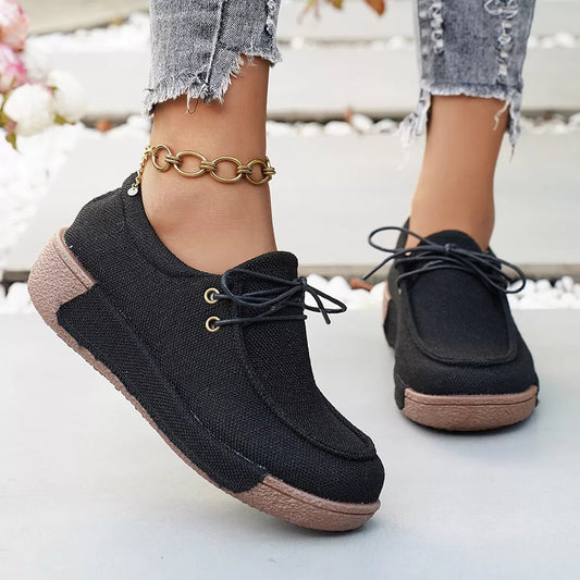 Round Toe Lace-Up Sneakers - minbolu -