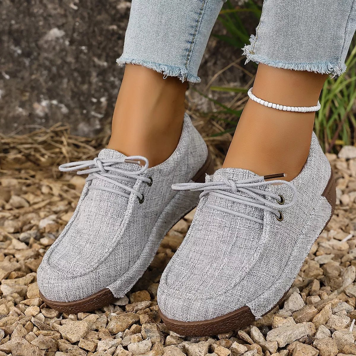 Round Toe Lace-Up Sneakers - minbolu -