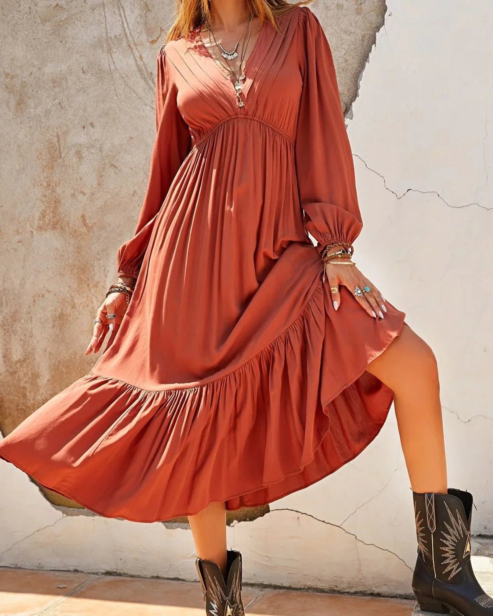 Ruched V-Neck Midi Dress with Ruffles