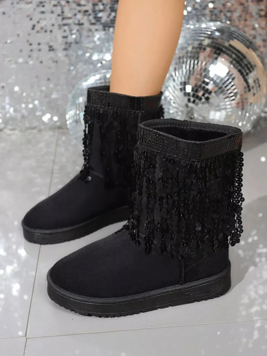 Sequin Fringe Suede Winter Boots - minbolu -