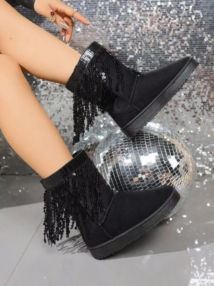 Sequin Fringe Suede Winter Boots - minbolu -