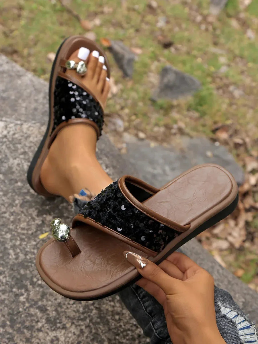 Sequin Toe Loop Flats Sandals - minbolu -
