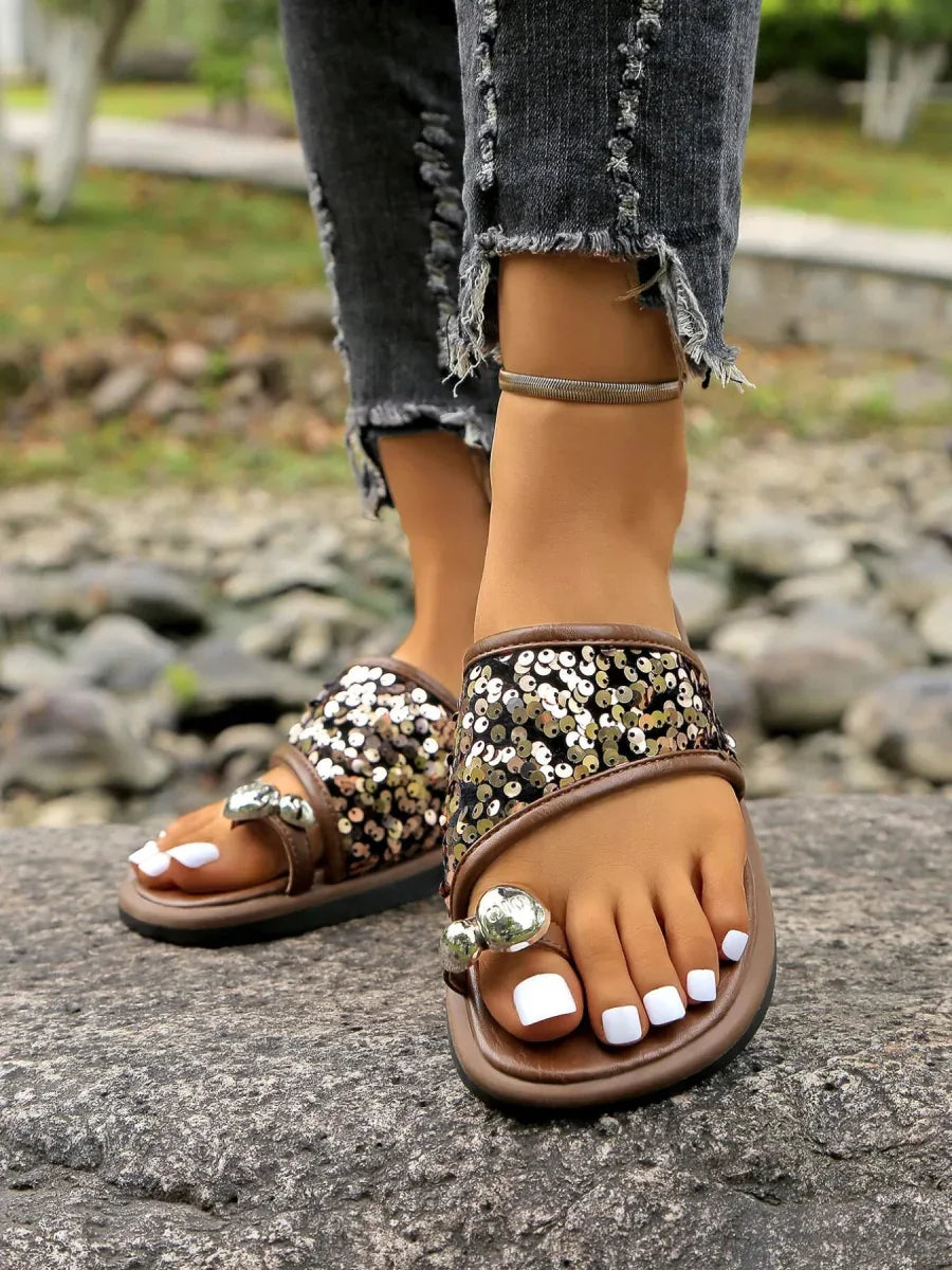 Sequin Toe Loop Flats Sandals - minbolu -