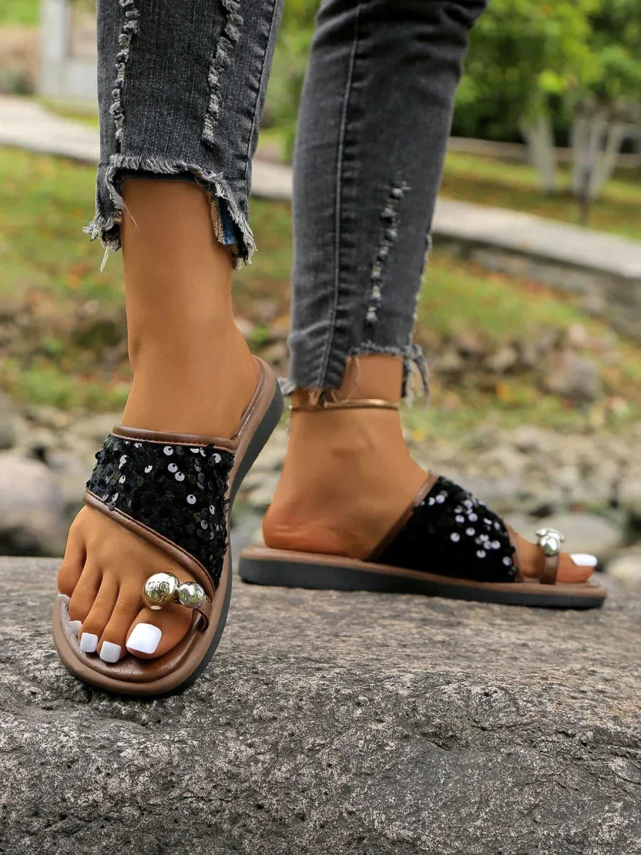 Sequin Toe Loop Flats Sandals - minbolu -