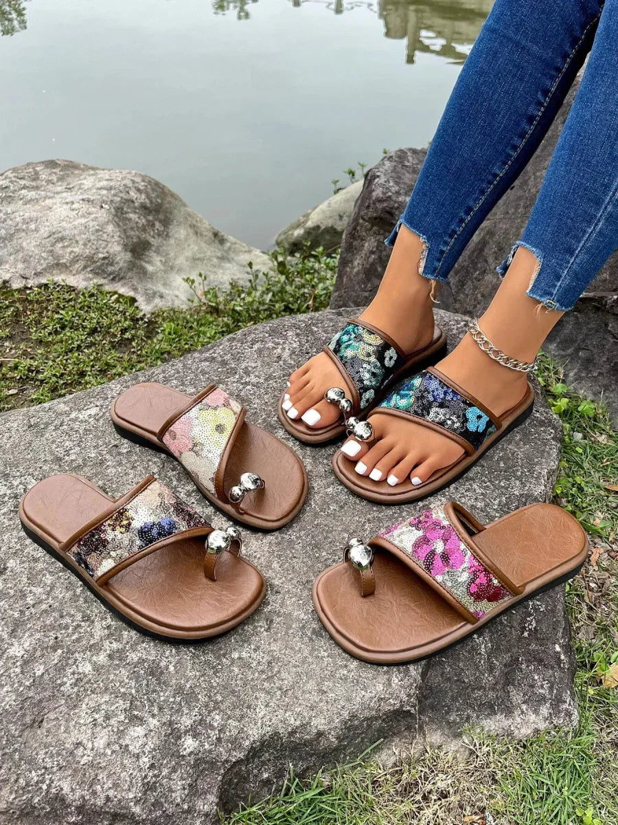 Sequin Toe Loop Flats Sandals - minbolu -