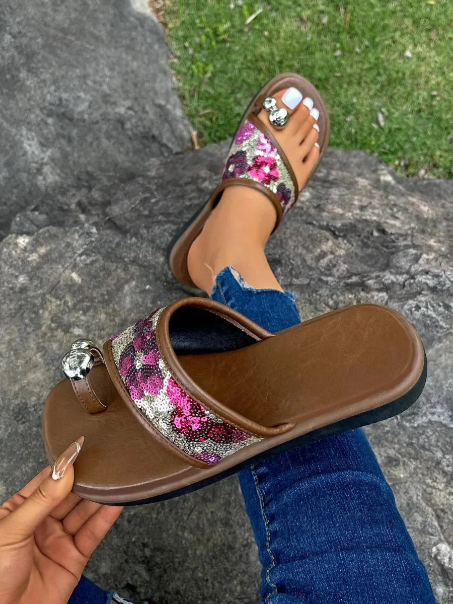 Sequin Toe Loop Flats Sandals - minbolu -